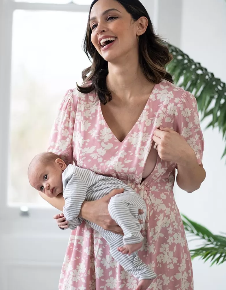 Hot Fit & Flare zwangerschaps- tot voedingsjurk met roze bloemenkoord Jurken