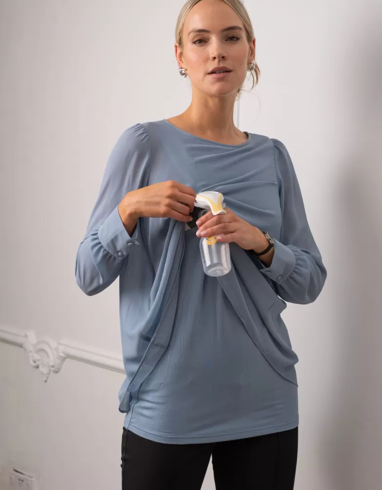 Flash Sale Leiblauwe gelaagde top voor zwangerschap en borstvoeding | Alle Verzorgingskleding | Hoodies & Tops